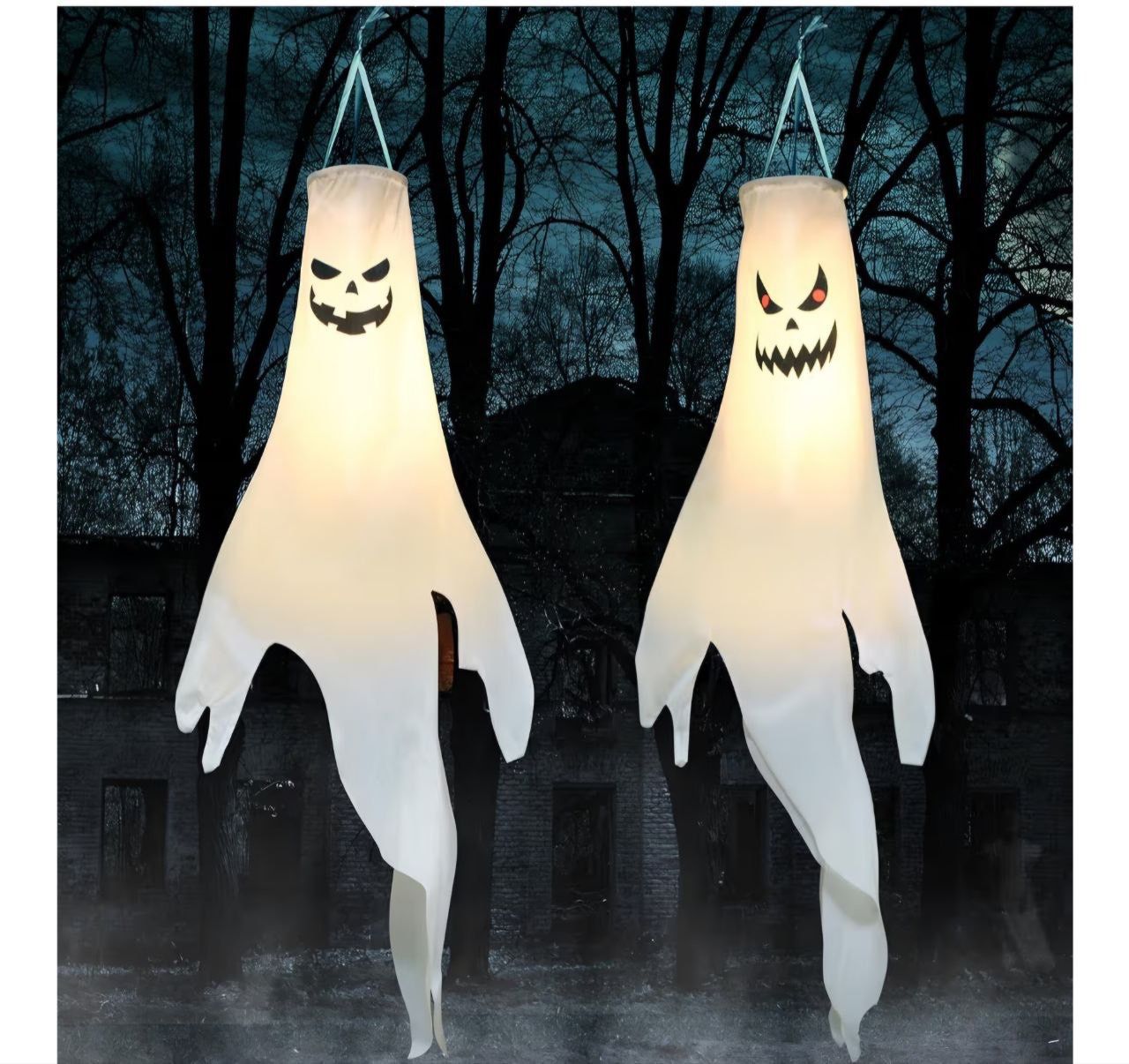 Halloween-Decorations-Outdoor Hanging-Ghost Windsocks for Trees with Timer, LED Ghosts to Hang in Tree Porch Yard, Waterproof, Timer,2 Pcs (No Batteri