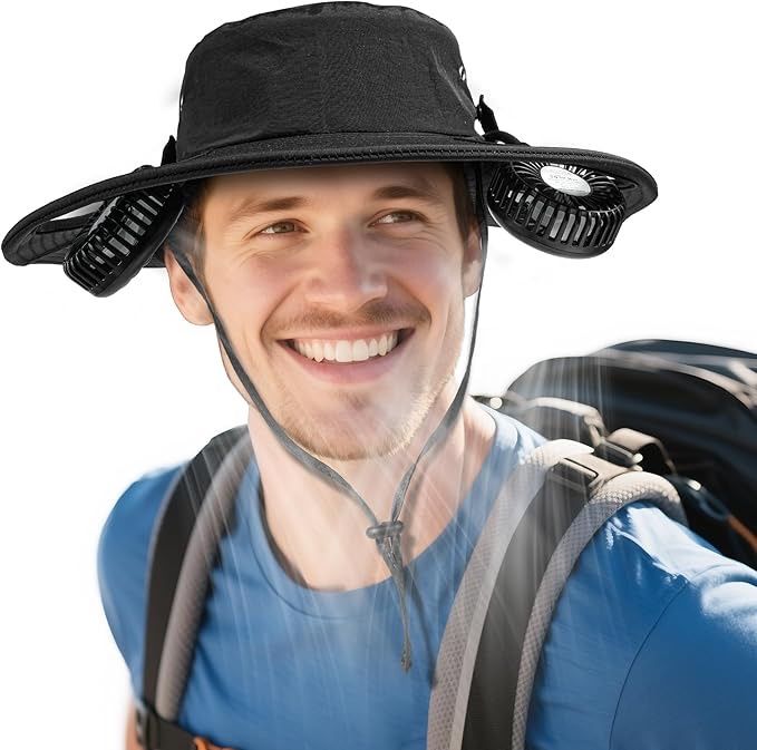 2-in-1 Hands-Free Hat Fan Neck Fan UPF 50+ Wide Brim Sun Hat 16Hrs Running 3-Speed Fishing Essentials for Men Women