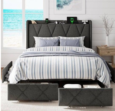 Queen Bed Frame with 4 Storage Drawers, Upholstered Platform Bed with Charging Station, Modern Wingback Storage Headboard, Easy Assembly,Noise-Free, D