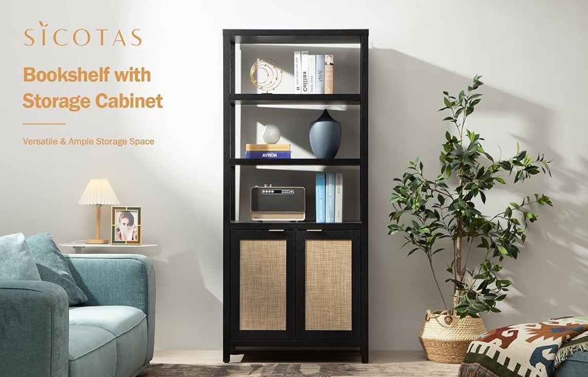 SICOTAS Bookshelf 5 Tier Book Shelf Rattan Boho Tall Bookcase with Doors Storage Wood Shelves Large Bookshelves Farmhouse Bookcases Book Case for Livi