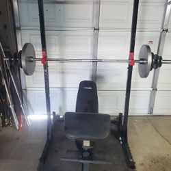 Olympic Squat Rack With Pull up Bar, Adjustable Bench, Weights &Bar 170lbs all together read Description Below 
