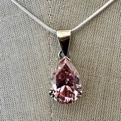   Sterling silver  pink crystal  teardrop pendant necklace