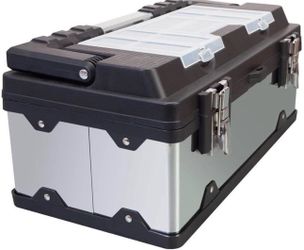 18-Inch Stainless Steel and Plastic Portable Tool Box with Metal Lock, Multiple Compartments, Clear Lid, and Removable Trays, Steel Brand New