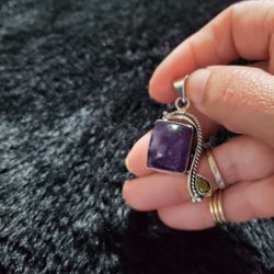 Silver Pendant With Natural Amethyst And Peridot