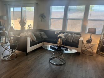 Leather And Fabric Sofa White And Black W/ Side Tables And Coffee Table