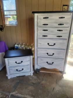 White distressed chest of drawers and nightstand