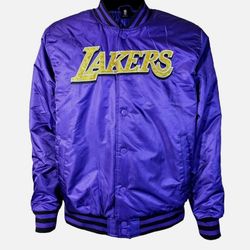 Ultra Game Men's Los Angeles Lakers Imprint Satin Button Up Bomber Jacket Large