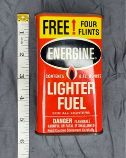 Vintage Energine Lighter Fluid 8 Oz Metal Tin Free Four Flints Advertising