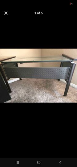 Sleek Modern Glass Top Desk with Industrial Accents Excellent Pre-owned Condition