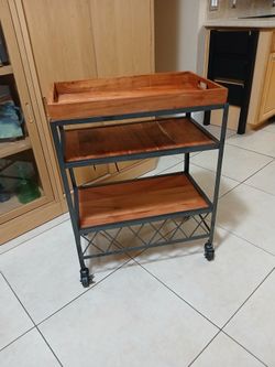 31.5'' Tall Industrial Style Rolling Kitchen Island Wine Cart ~ Wood Mobile Metal Wine Bar Cart~ Black & Brown