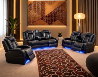 Power electric black leather fully reclining couch set