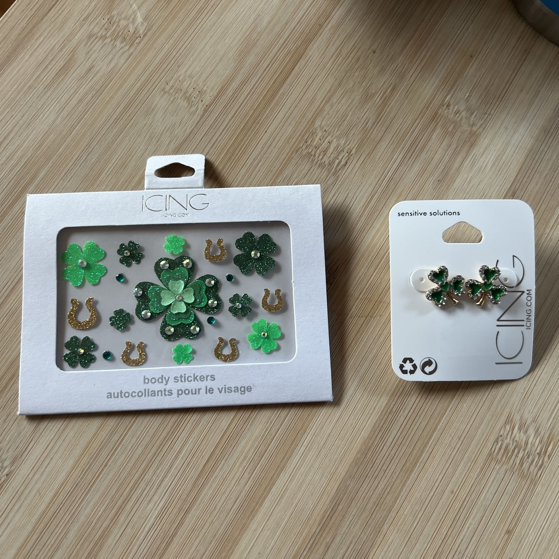 Icing Saint Patrick’s Day/Notre Dame/Irish earrings and face stickers NIB/NWT