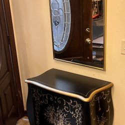 Unique Cabinet, Entryway Size, Asian Black & Gold Painted Bombay Styling w/Mirror
