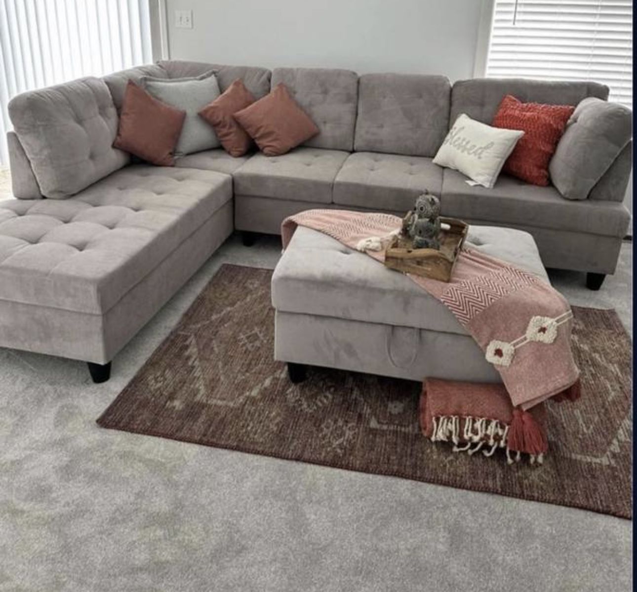 COSTCO Gray Chenille Sectional Couch And Ottoman