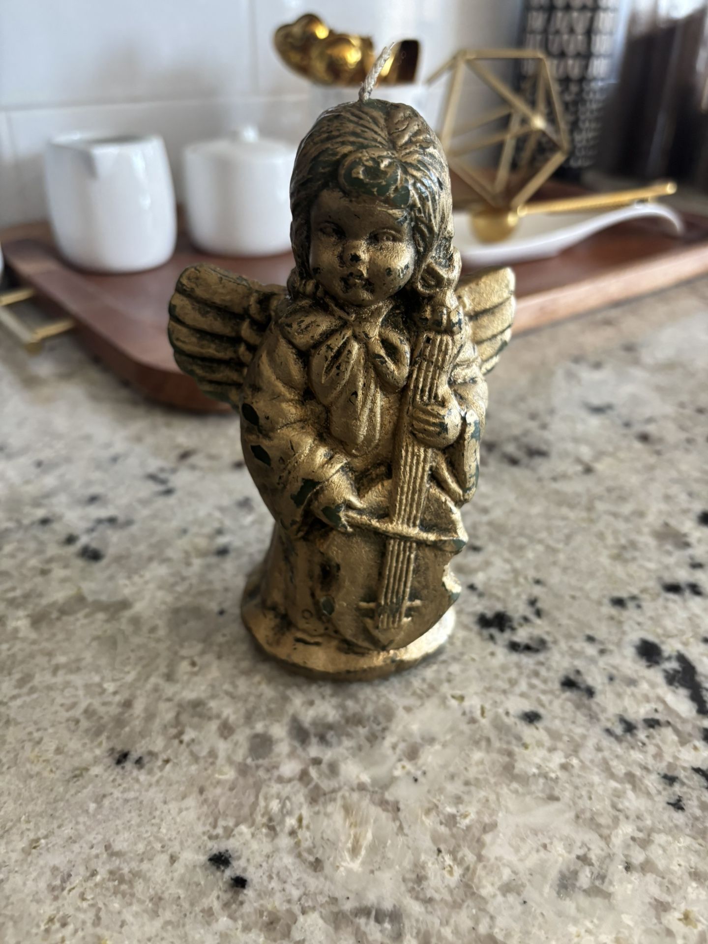 Vintage Angel Christmas Candle Gold Color Playing Instruments 6”