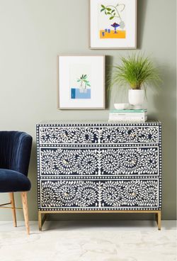 Bone inlay blue and white three drawer cheat