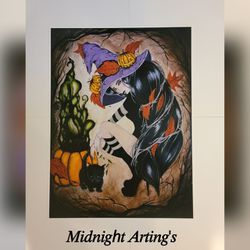 Witch, Halloween, Autumn, Freebie, Fall, Black Cat, Art, jack o'lantern, Pumpkins, cauldron, Art Print Thumbnail