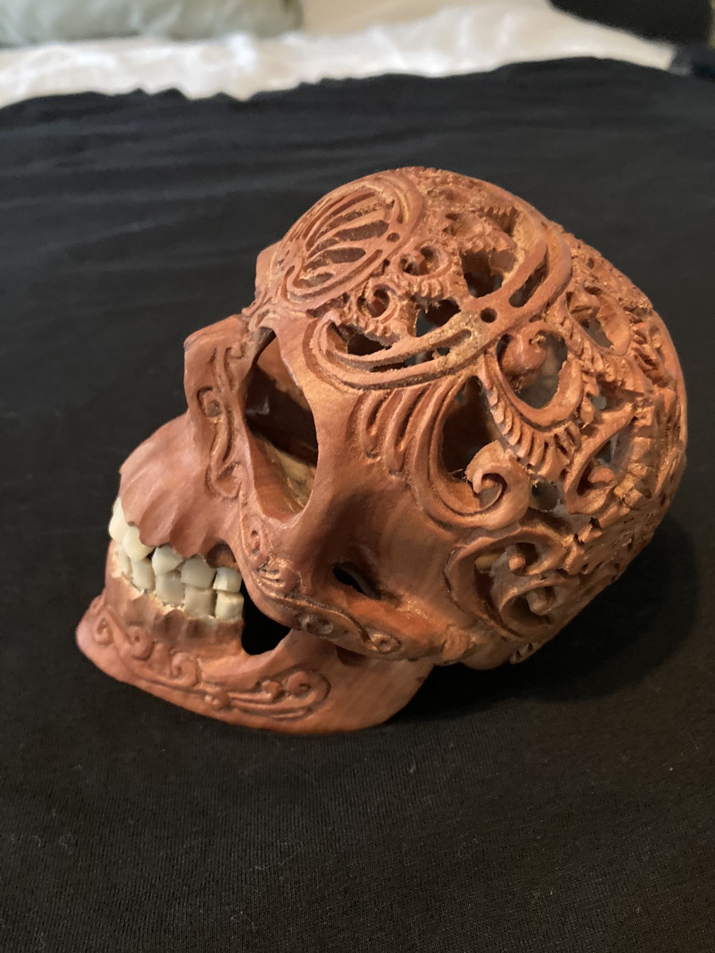 Skull Wood Carving, Unique Ornate Hand Carved