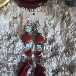 Hand Crafted Red and Green Tassel Earrings