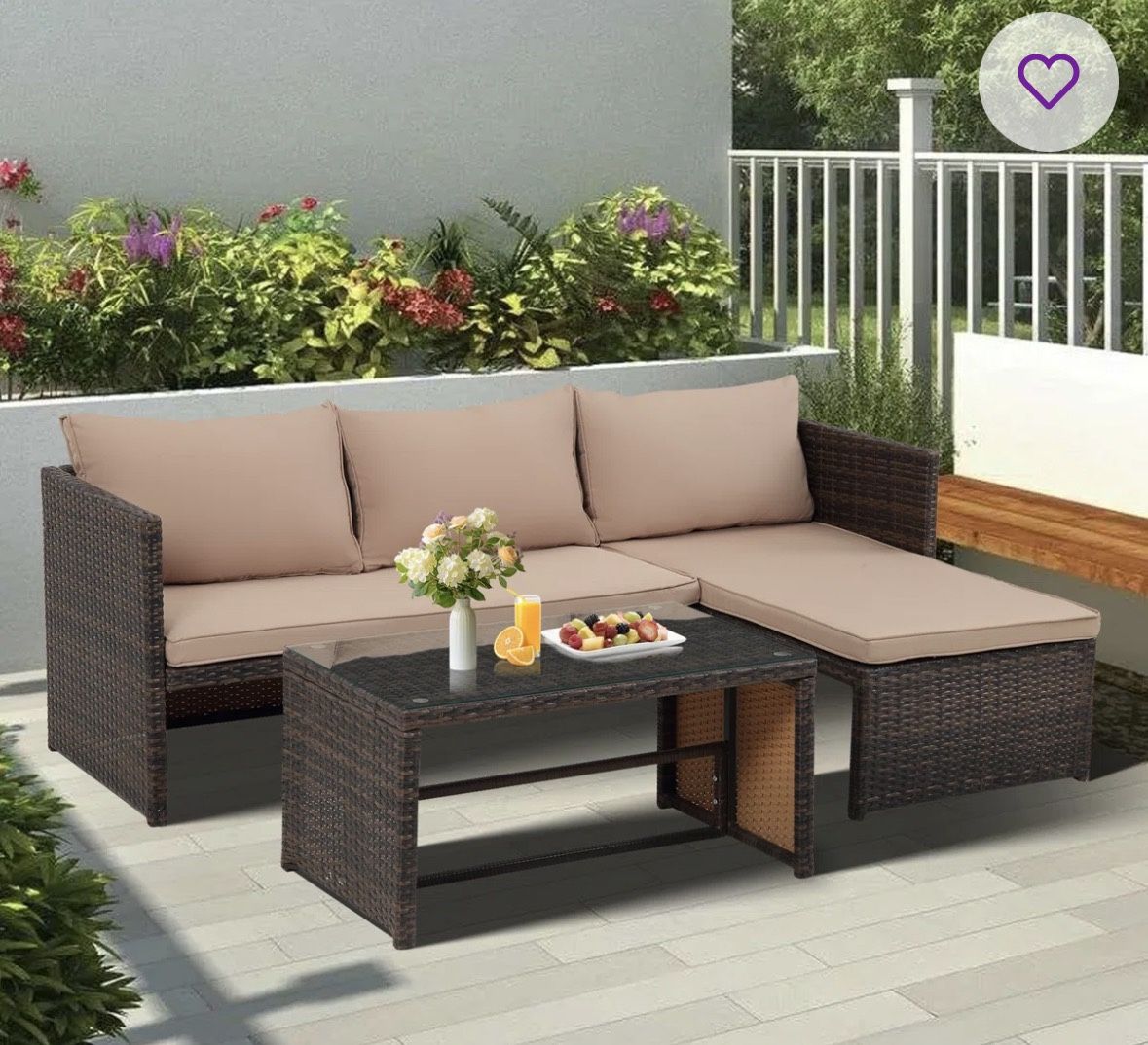 Outdoor Wicker Patio Sectional + Glass Coffee Table
