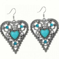 Tribal Tibetan Sterling Silver Turquoise Blue Rhinestone Heart Earrings