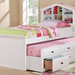 Twin Twin Size White Bookcase Trundle W. Ortho Mattress Included 