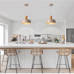 TeHenoo Contemporary Pendant Lights with Wood Cap, Brass Accent, 12 inch Light Brown Metal Shade