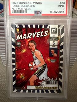 2025 Panini Donruss WNBA Net Marvels Paige Bueckers (RC) card #23 in a PSA mint 9