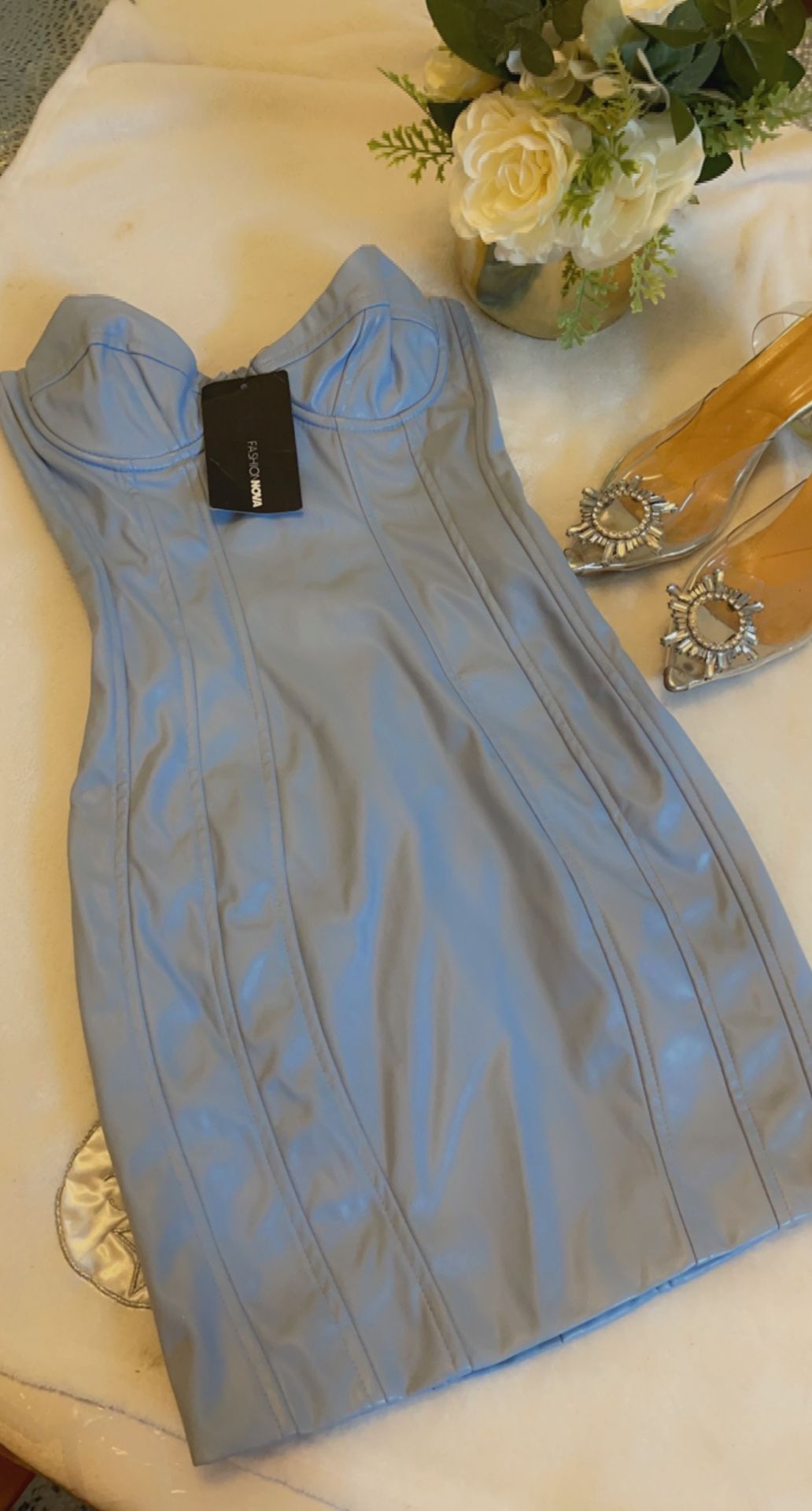 Fashion Nova Faux Leather Light Blue Strapless Dress Size: xs