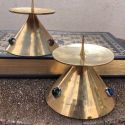 MCM Brass Spike Pillar Candle Holder W/ Rhinestones 3” tall and wide- set for $24.00