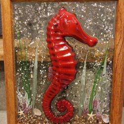 Red Seahorse Resin Ocean Scene 3D Picture With Seashell Glitter Shadowbox Beach