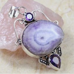 Solar Quartz & Amethyst 925 Sterling Silver Plated Gemstone 2.7" Pendant