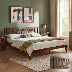 2146a  Ted Bed Frame with Headboard, Mid Century Modern Acacia Solid Wood Platform Bed Frame, Wooden Slats, No Box Spring, Double Metal Bar Support (S