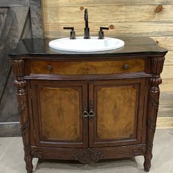 Solid Wood Bathroom Sanity w/ Black Stone Top & Sink — Elegant Antique Style