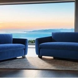 Brand New Blue Velvet Modern Style Sofa & Loveseat 