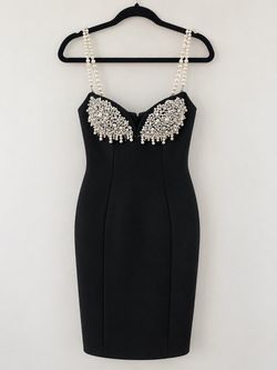 Bella Barnett Black Pearl and Rhinestone Embellished Bandage Dress - Size M