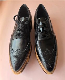 Prada Platform Brogue Oxford Shoes Black Leather Leopard Calf Hair EU 37.5