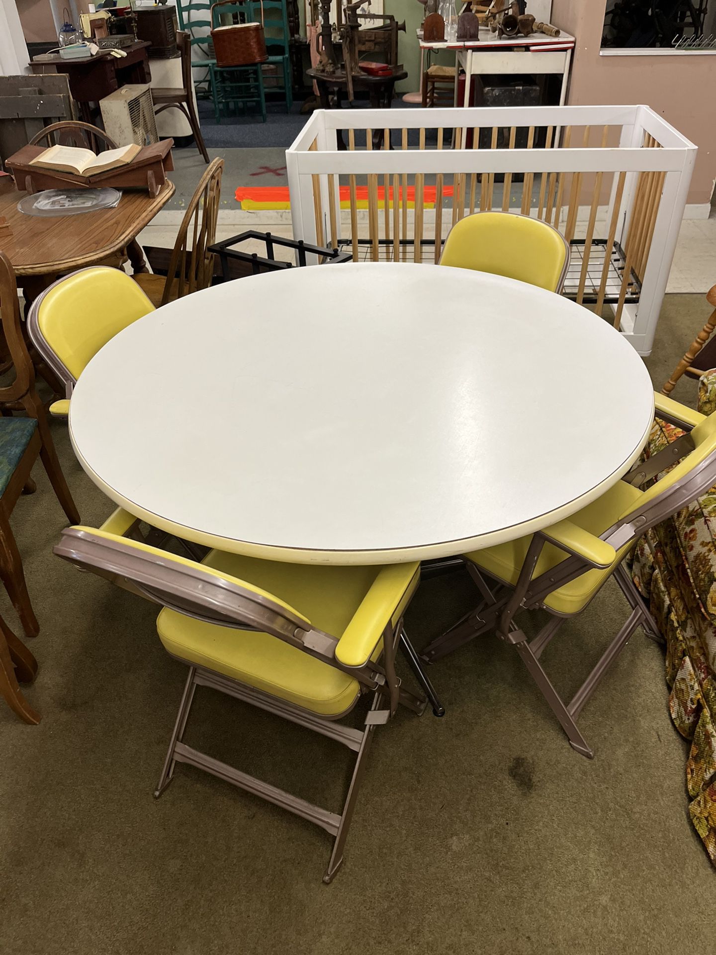 Vintage Circular Table With Folding Chairs