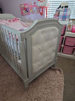 Gray Wood Baby Crib with Tufted Panel