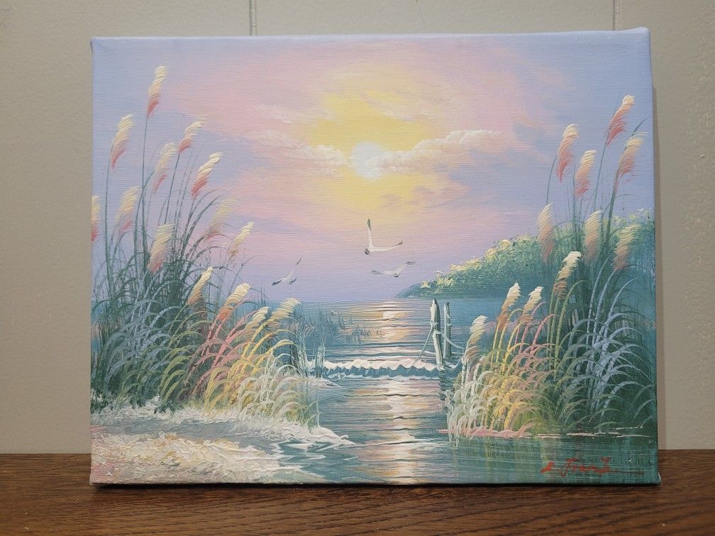 Beach Sunset With Gulls, Signed Acrylic Painting