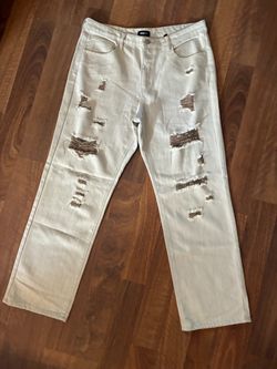 Cream Distressed Straight Leg Jeans