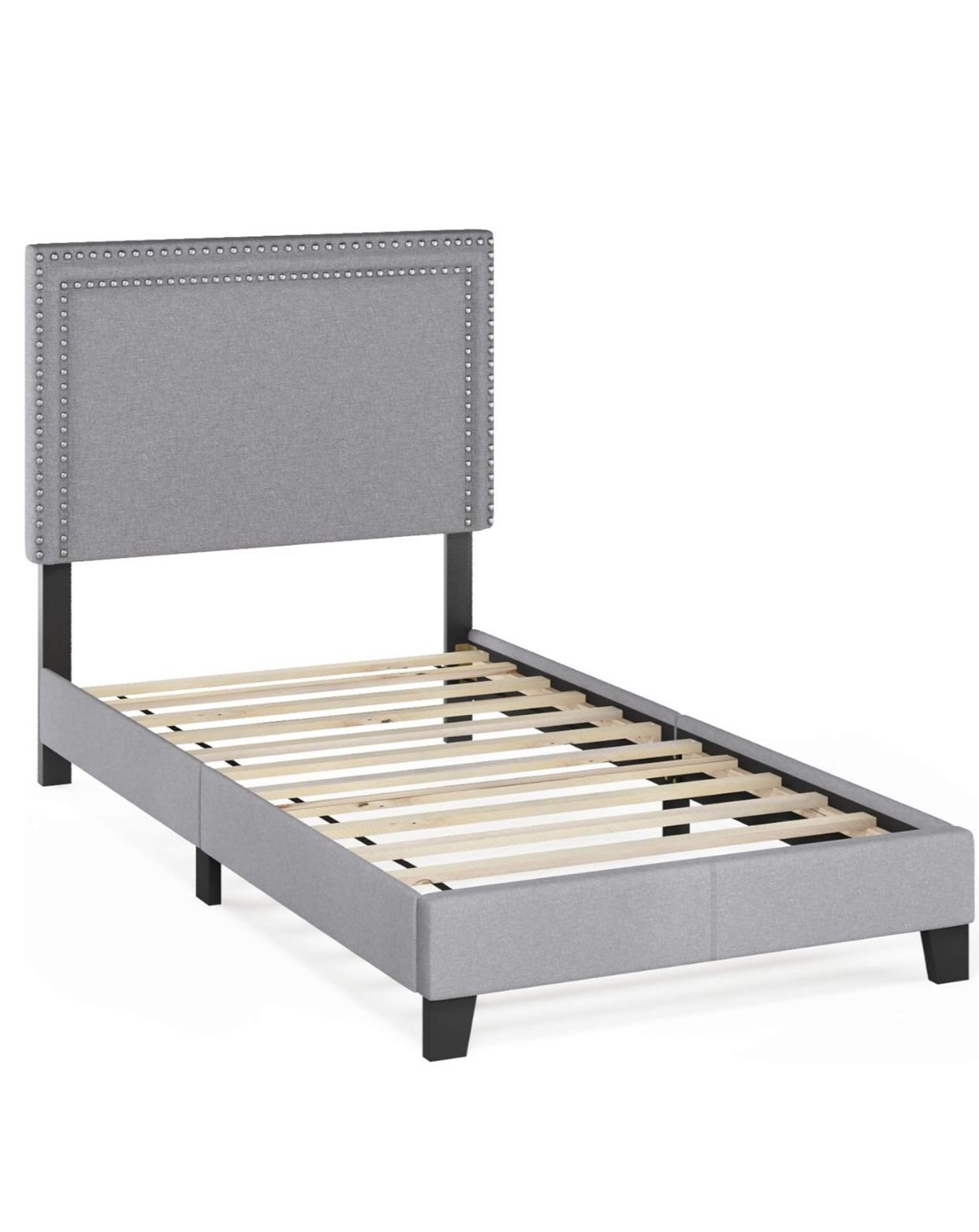 Twin size bed frame Furinno Laval Double Row Nail Head Upholstered Platform Bed Frame