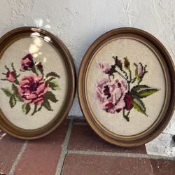 Vintage Pair 2 Hand, Stitched Embroidered Wall, Art, Granny, Chic Cottage French Floral Collectibles Boho Farmhouse
