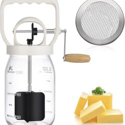 New-CAROD Classical Butter Churner, 1.5L Glass Jar with Hand Injury Prevention Device & Sifting Lid, 50oz Hand Crank Jar Maker Creates Fresh Homemade 