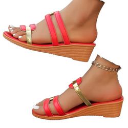 Women’s Two-Toned Red with Foil Gold Tone Slip In Sandals 