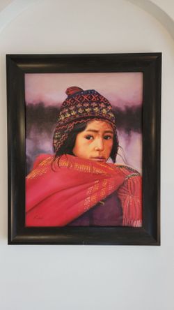 Portrait of Andean Child Original Oil Painting signed by Rolando 2014