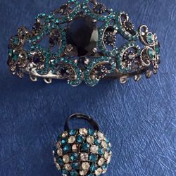 NWOT “Set of Blue Crystals Cuff Bracelet & Ring”