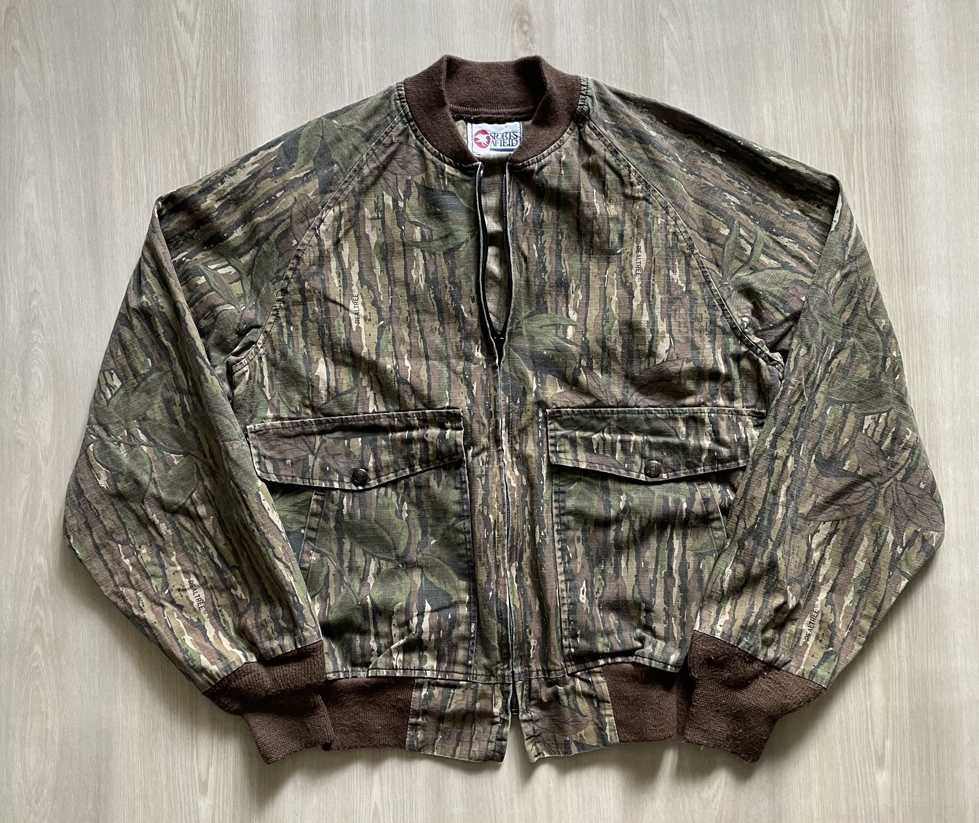 Vintage 90s Sports Afield Realtree Treebark Camo Bomber Sz M 20.5x25.5 USA