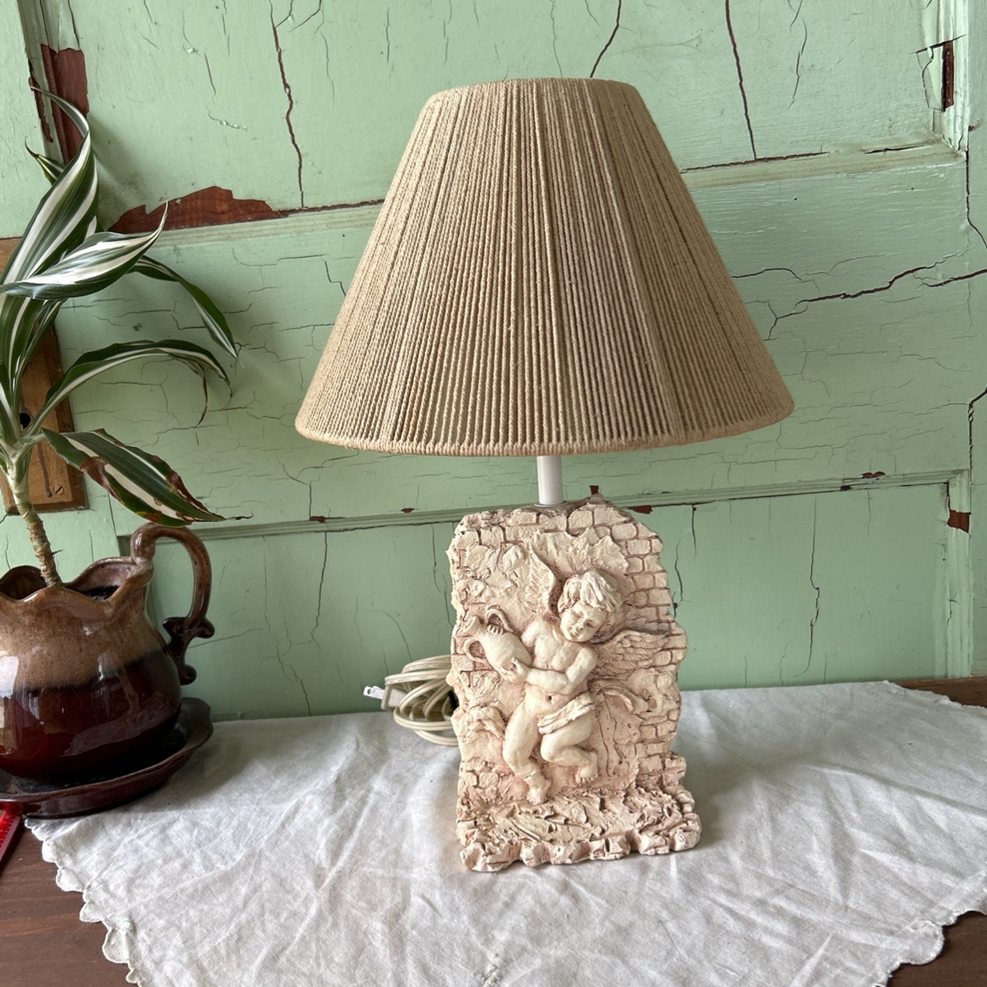 Cherub with Water Jug by Wall Table Lamp Plaster / Resin with Shade 15"