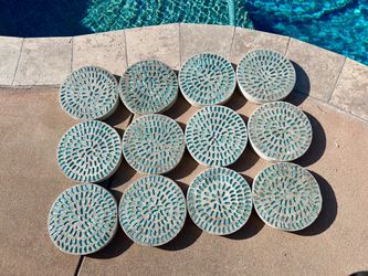 12 Concrete Stepping Stones w/ Turquoise Glass Mosaic – 11.5"